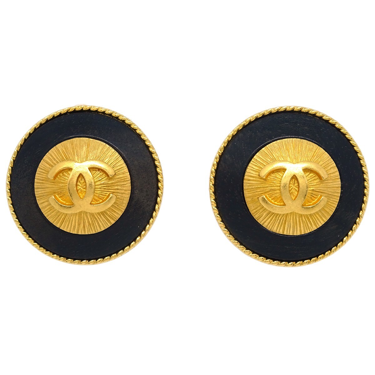 Chanel Black Gold Clip-On Button Earrings 93A 144334