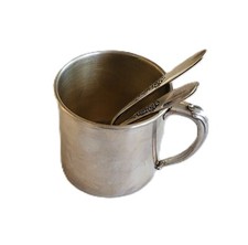 VINTAGE BABY CUP WITH SPOON AND FORK TUDOR PLATE ONEIDA COMMUNITY