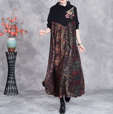 Retro Splicing Dress Handmade Embroidery Slim Skirt Womens Maxi Robe Gown Dress