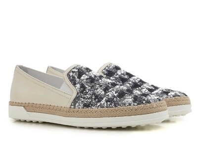 Tod's women's slip-ons sneakers blu paiette and beige leather Size