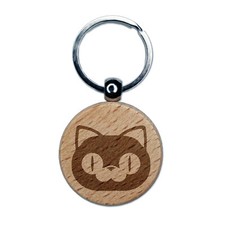 Round Cat Face Excited Engraved Wood Round Keychain Tag Charm