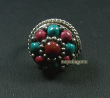 R04 Handmade size 9.25 Turquoise Coral Glass Tibetan Silver Finger Ring Nepal