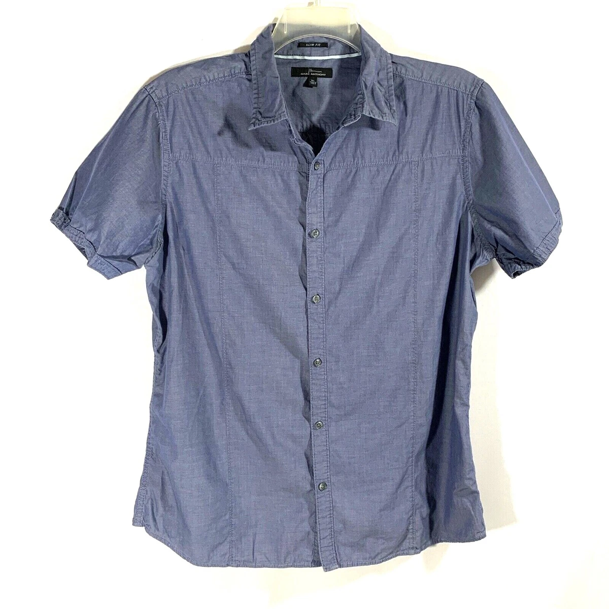 Marc Anthony Mens Button Down Short Sleeve Shirt Blue Slim Fit