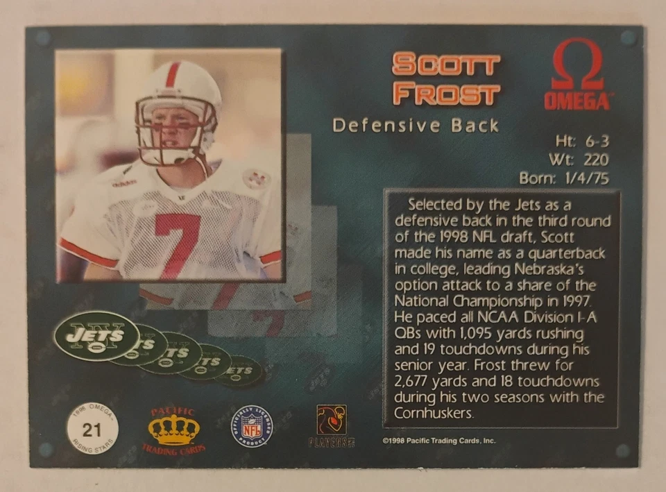 1998 Pacific Omega Rising Stars #21 Scott Frost RC RARE New York Jets - Image 2 of 2