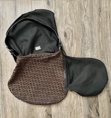 Authentic Fendi Vintage Black Large Oyster Zucca Shoulder Bag Top