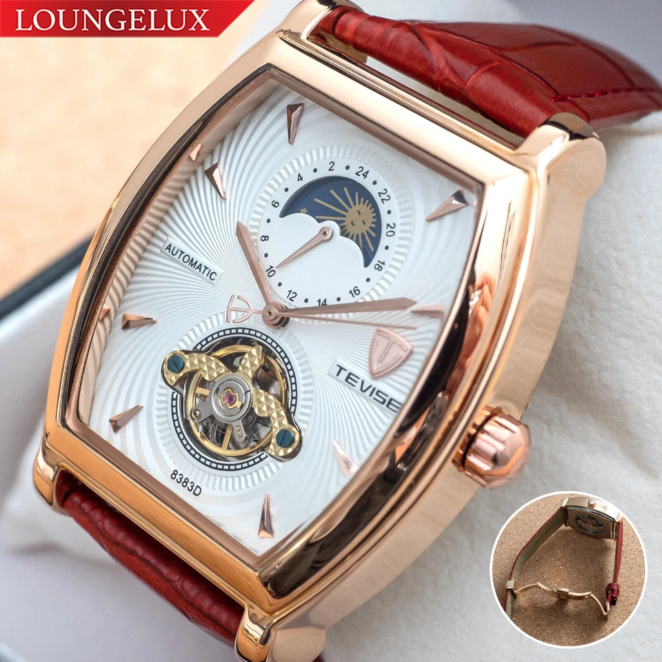 Reloj mecánico automático fase lunar oro rosa para hombre cuero rojo esfera 24 horas Foto 2 de 4