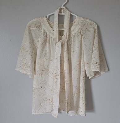 Tie-Neck Flutter Sleeve Blouse in Cream with Gold Speckle Size Small/medium