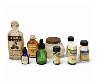 Antique Lot 9 Medicine Apothecary Glass Bottles Org Paper Labels Caps Vanity