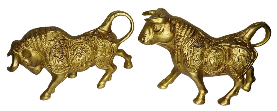 Lord Ganesha & Buddha Engraved Bull Pair Figure Handmade Brass Home Decor Statue - Image 2 of 4