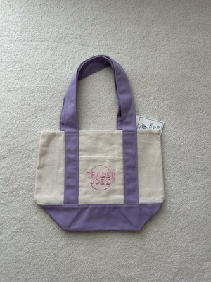 Trader Joe's Foldable Canvas Tote Bag Purple Beige Reusable Shopping