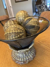 VTG Metal w/woven wicker look (resin?)center pc. bowl w/5 resin decorative balls