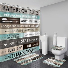 4pcs Brown Teal Punk Shower Curtain Set with Rugs and Accessories