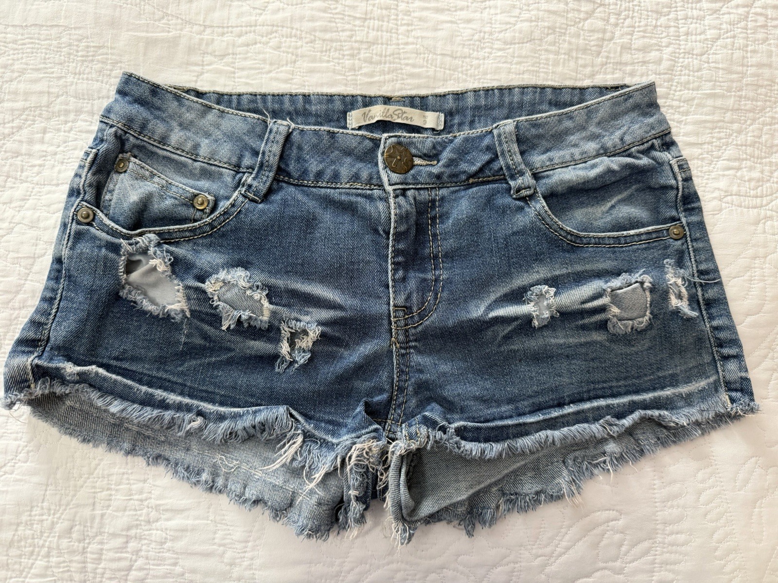 Vanilla Star Distressed Jean Blue Shortie Juniors Size 9 Raw Hem Booty Shorts
