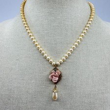 Y2K Romantic Pearl Rose Pendant Necklace Gold Tone Filigree Coquette Aesthetic