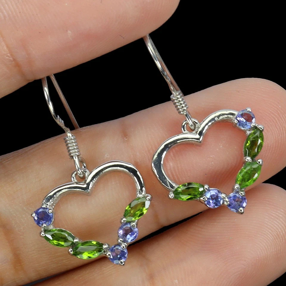 Pendientes de plata de ley 925 marquesa cromo diopsido tanzanita corazón piedras preciosas Foto 2 de 4
