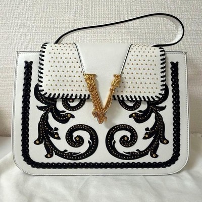 VERSACE Virtus 2020 Baroque Studded Logo Leather Shoulder Bag White Used Japan