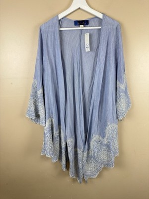 Blue Rair Women s Kimono Cardigan Blue Embroidered Boho Coastal Peasant L NWT