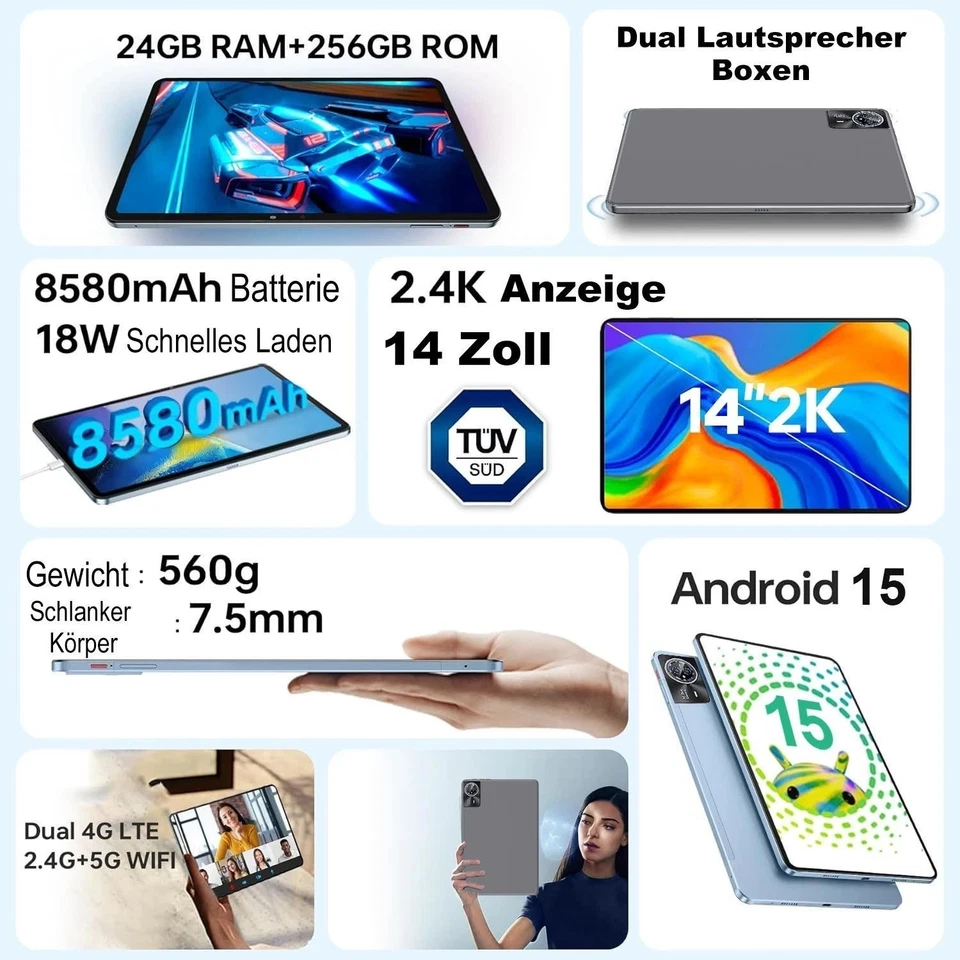 2025 Neu 14 Zoll Tablet Android15 24/16GB RAM+256GB 8000mAh 2K HD IPS Dual SIM - Bild 2 von 4