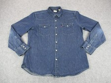 Levis Shirt Mens Large Blue Denim Pearl Snap Western Pocket Dark Wash Cowboy
