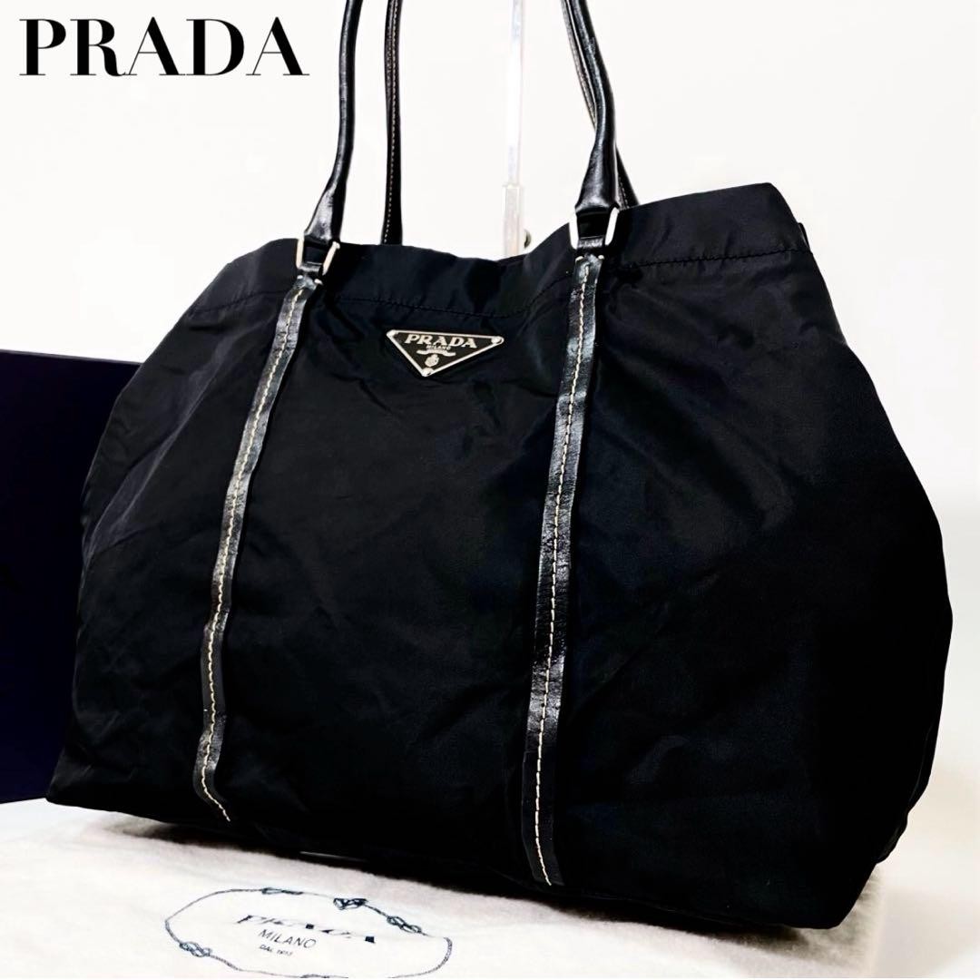 Prada Black Nylon Leather Tote Bag with Big Triangle Logo Pre-Owned