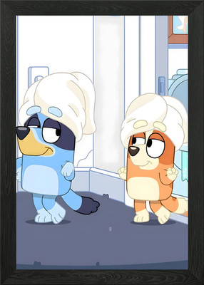 Bluey und Bingo mit Handtüchern auf Kopf gerahmtes Wandbild Poster Leinwanddruck Bild