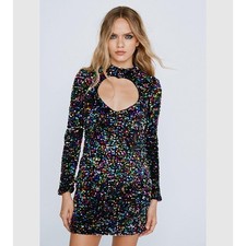 Nasty Gal Heart Cut Out Sequin Bodycon Mini Dress Size 14 (US) Black NWT 