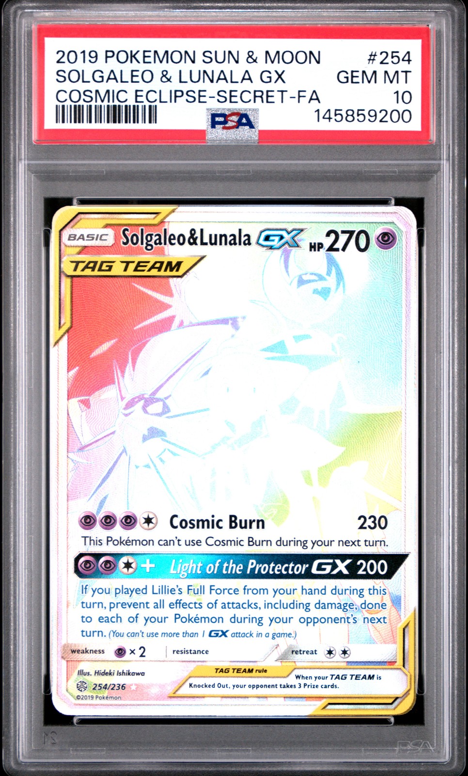 2019 POKEMON SUN & MOON COSMIC ECLIPSE #254 FULL ART/SOLGALEO & LUNALA GX PSA 10