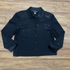 Vtg St John Evening Marie Gray Pailette Striped Jacket Womens 10 Black Shoulder