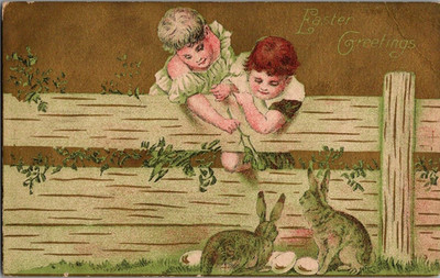 c1910 Easter Greetings Children At Fence Feeding Rabbit Bunny Eggs Gold Postcard
