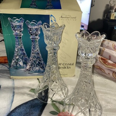 Pair (2) Cambria Crystal Clear Candlestick Candle Holders 8  Cross Cut