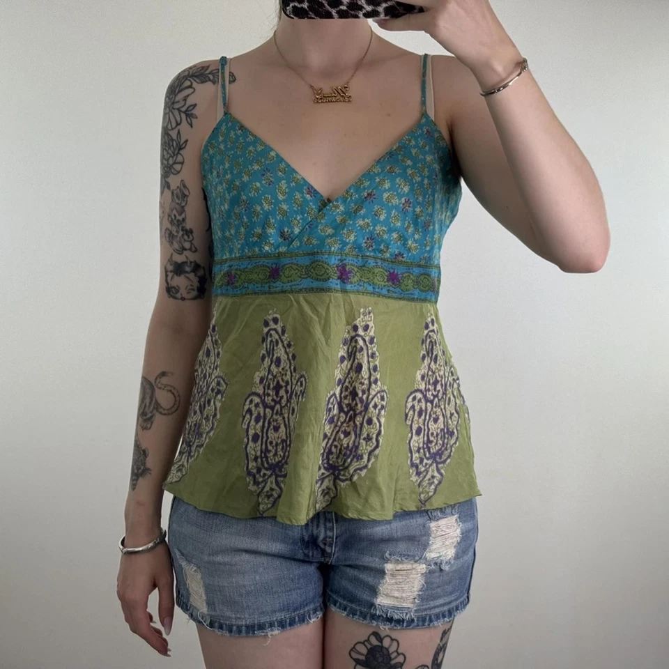 Y2K Vintage 100% Seda Paisley Cami Top Cuello en V Tiras Verde Azul Ligero Foto 2 de 4