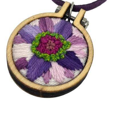 Purple Floral Hand Embroidered Pendant Necklace Boho 17  Handcrafted Statement