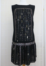 Monsoon Fusion Black Beaded Silver Sequin Chiffon Dress Size 10 Sleeveless Lined
