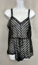 VNG 70s Lily of France M Black Sheer Striped Lingerie Romper Teddy Y2K Made USA