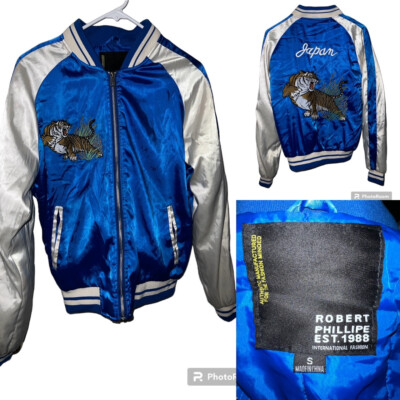 Vintage Japan Tiger Bomber Jacket Mens Satin Embroidered Full Zip