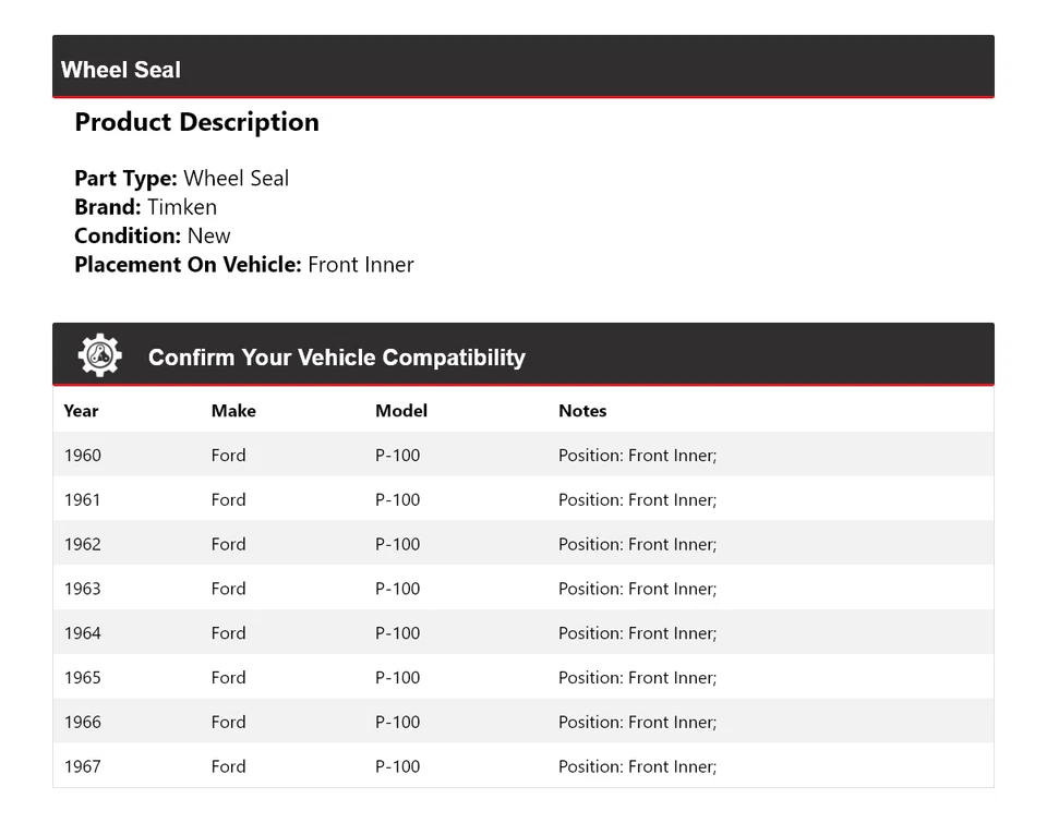 For 1960-1967 Ford P-100 Wheel Seal Front Inner Timken 1961 1962 1963 1964 1965 - Image 2 of 4