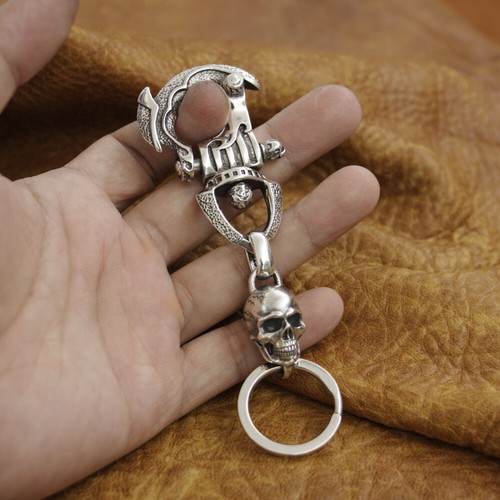 925 Sterling Silver Huge Helmet Skull KeyRing Mens Biker Punk Keychain 8J035A BZ - Picture 2 of 12