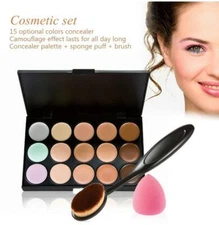 3-in-1 15 Color Contour Palette Cream w Sponge Puff Oval Makeup Brush Makeup Kit