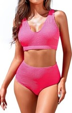 High Waisted Bikini Set Sporty V Neck Crop Top Smocked Tummy Control Pink Sz L
