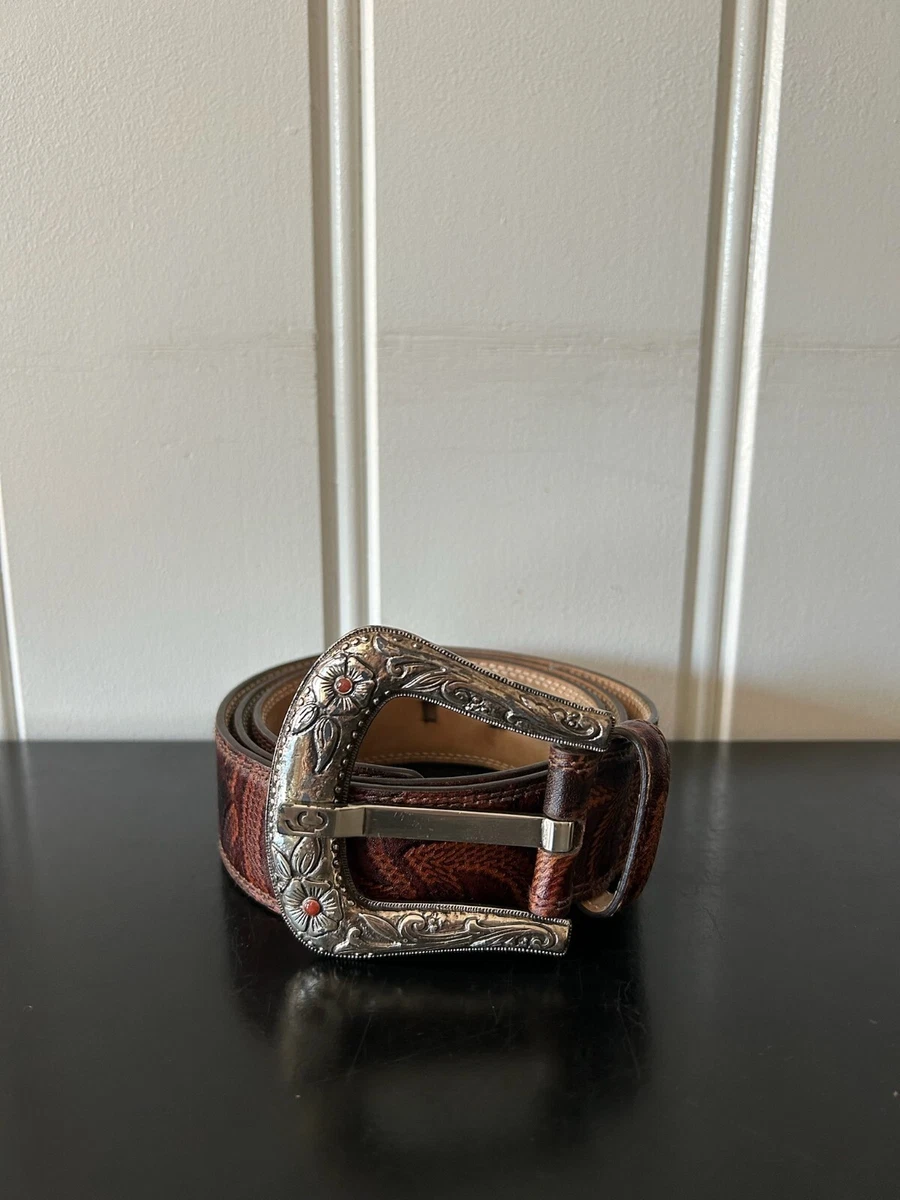Roberto Cavalli Brown Leather Belt Large Ornate Studded Western Buckle Distress file.jpg main image 2