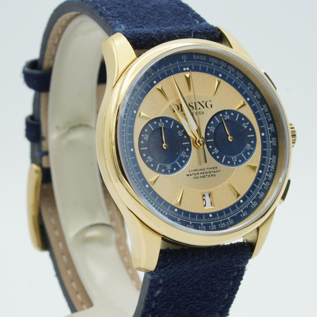 DISSING QUARZ CHRONO HERREN UHR 44MM STAH VERGOLDET WIE NEU PAPIERE RAR N035