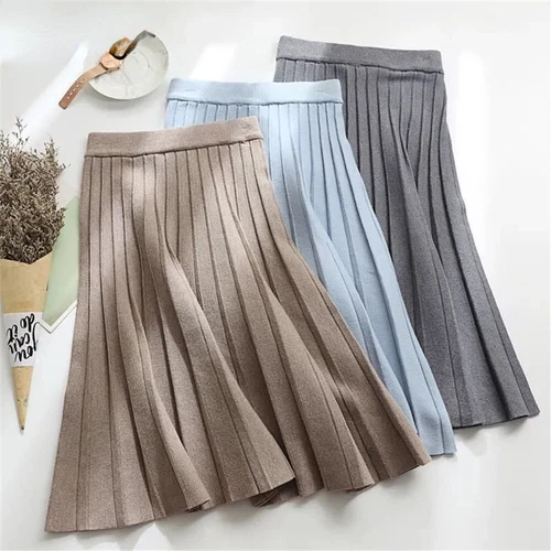 Women Knitted Midi Skirt Black A-Line High Waist Elegant Pleated Long Skirt - Picture 2 of 20