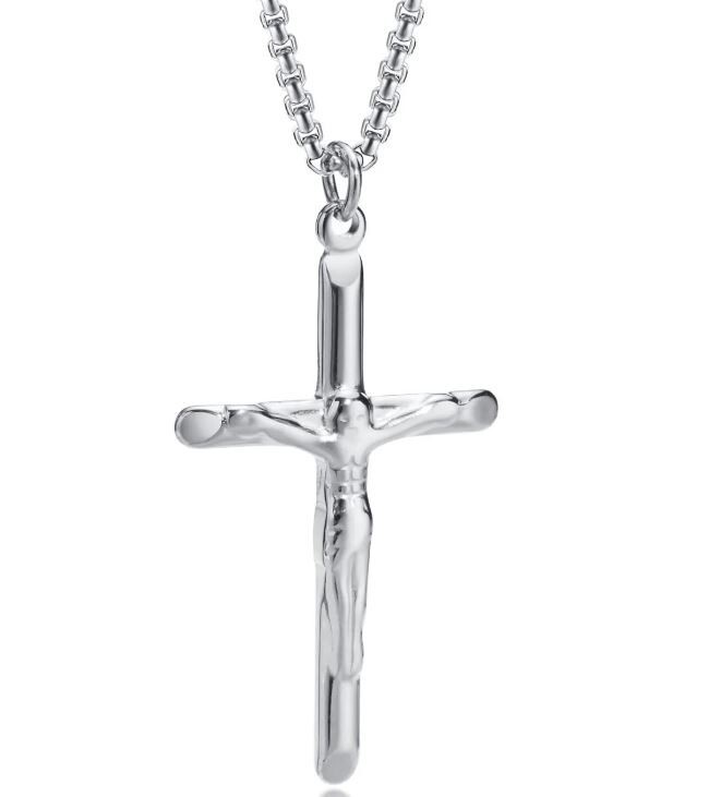 Pendentif croix Christ en acier inoxydable argenté avec chaîne de 55cm pour homme