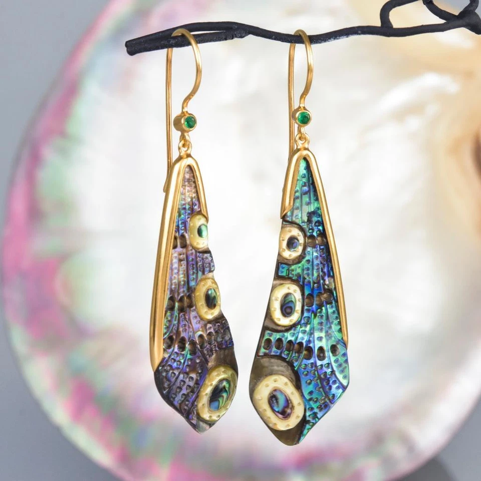 Dragonfly Wing Earrings Abalone Carving Gold Vermeil Sterling Silver Ruby 11.68g - Image 4 of 4