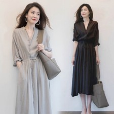 Womens Button Front V Neck Long Tea Dress 3/4 Sleeve Tie Waist Sundress