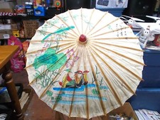 Vintage Asian Rice Paper Parasol Umbrella Hand Painted Birds  Floral Bamboo