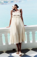 ZARA NEW WOMAN TASSELS MIDI DRESS WITH STRETCH TOP LIGHT BEIGE S 9878/154