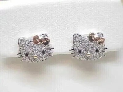 1.60 CT Round Simulated Diamond Hello Kitty Stud Earrings 14K White Gold Plated