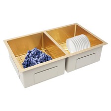 Double Bowl Sink 31 Inch Undermount Stainless Steel with Grid and Drainer Gold