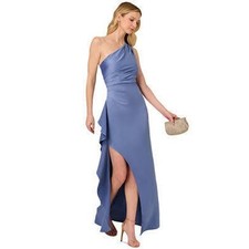 Adrianna Papell Women Gown 6 Blue Satin Crepe One Shoulder Ruffle Side Slit